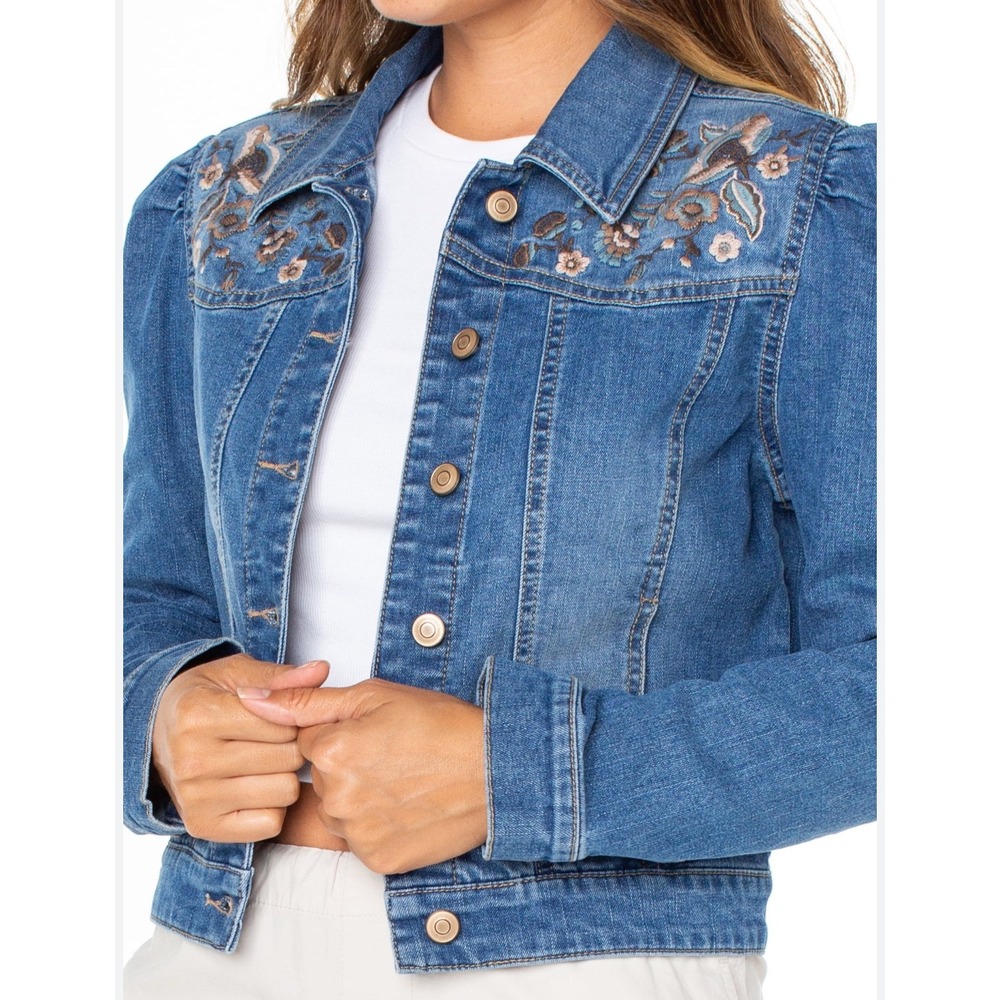 Celebrity Pink Embroidered Floral Puff Sleeve Denim Jacket Medium Wash XL